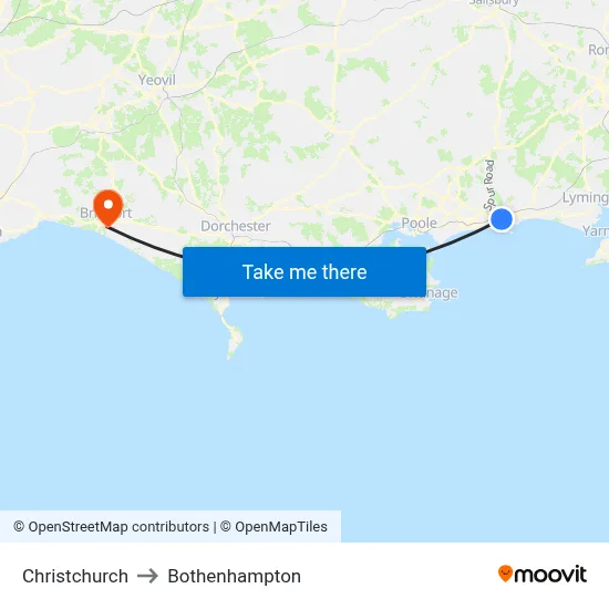 Christchurch to Bothenhampton map