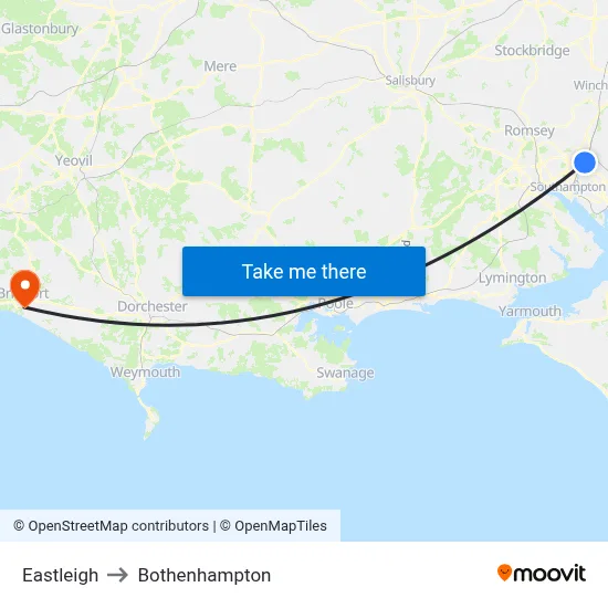 Eastleigh to Bothenhampton map