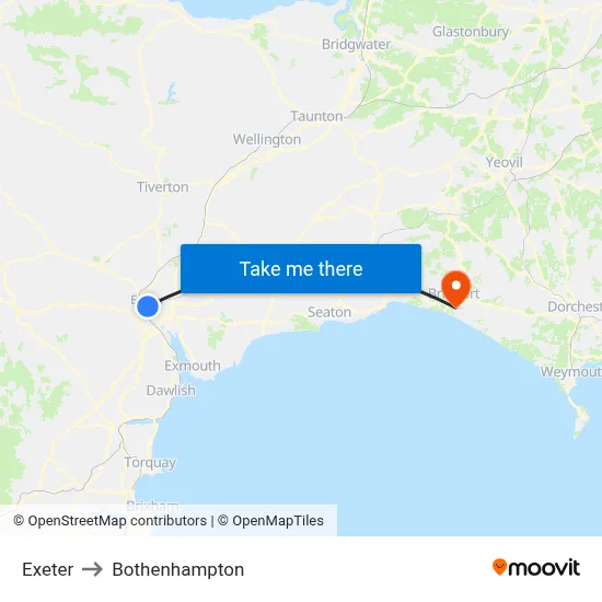Exeter to Bothenhampton map