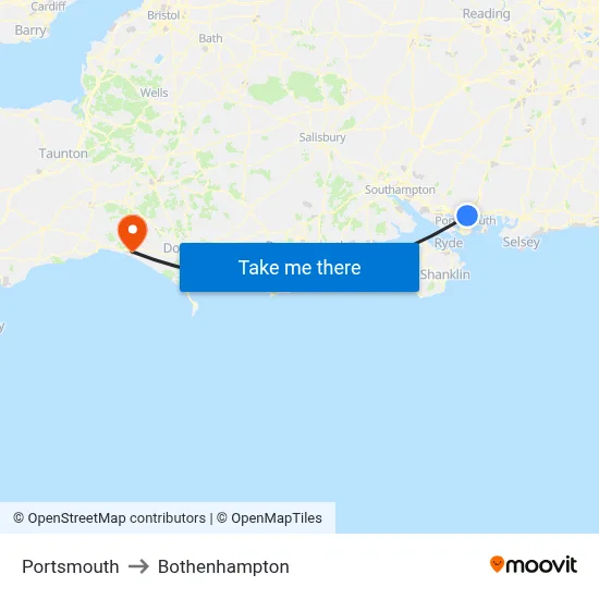 Portsmouth to Bothenhampton map