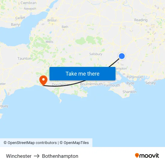 Winchester to Bothenhampton map