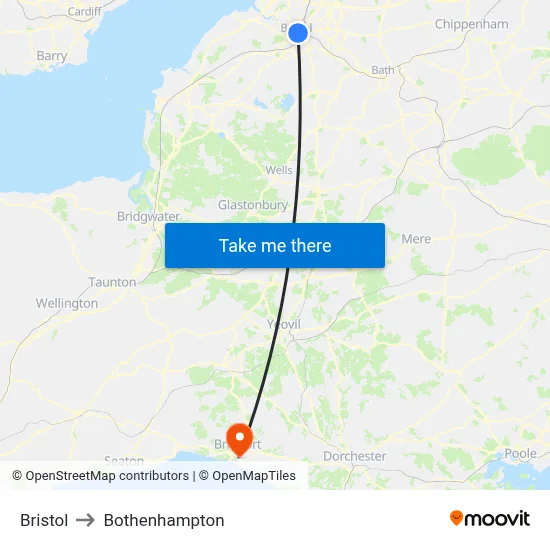 Bristol to Bothenhampton map