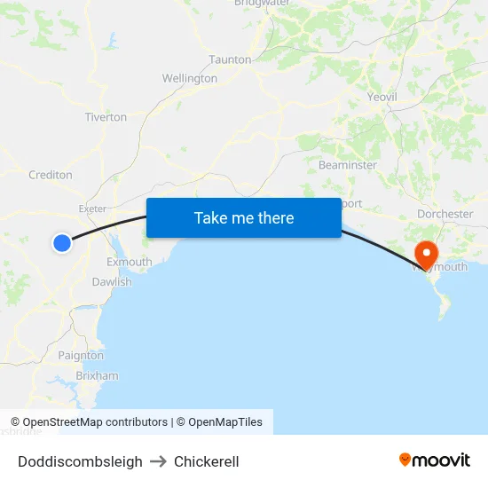 Doddiscombsleigh to Chickerell with public transportation