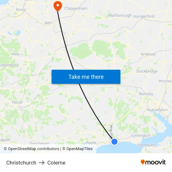 Christchurch to Colerne map