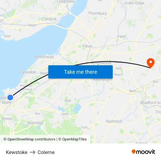Kewstoke to Colerne map