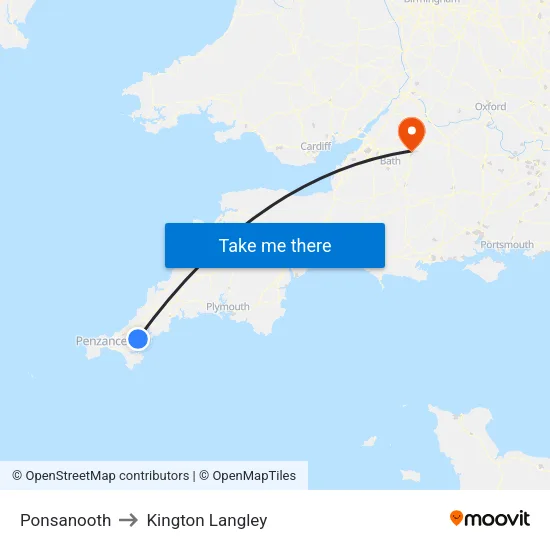 Ponsanooth to Kington Langley map