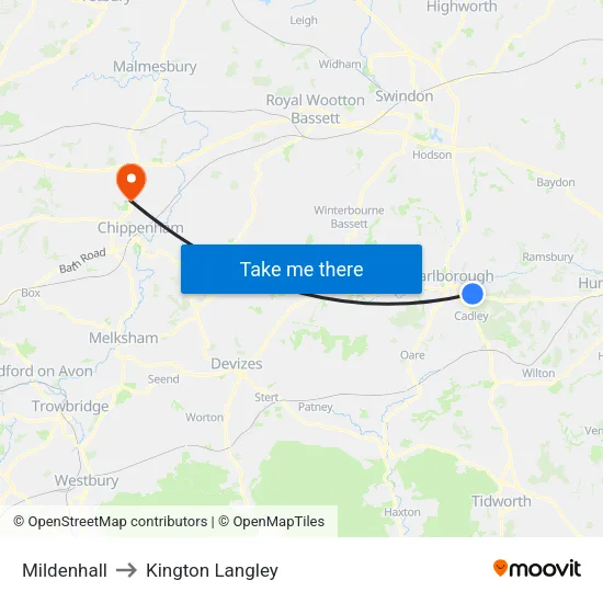 Mildenhall to Kington Langley map