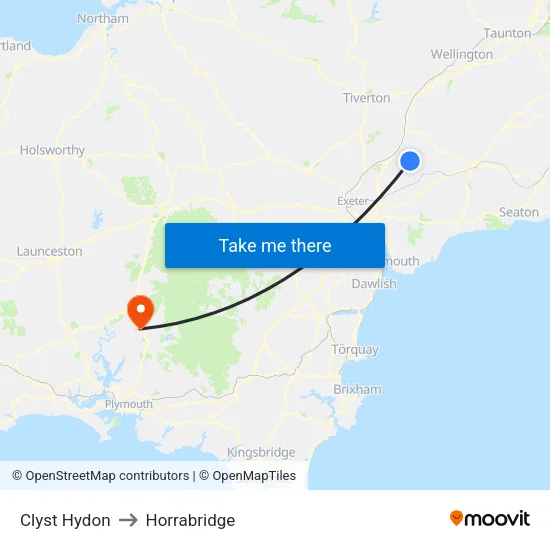 Clyst Hydon to Horrabridge map
