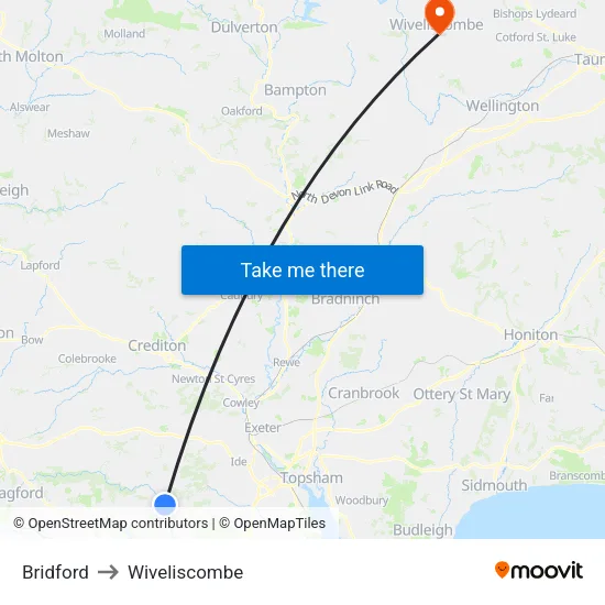 Bridford to Wiveliscombe map