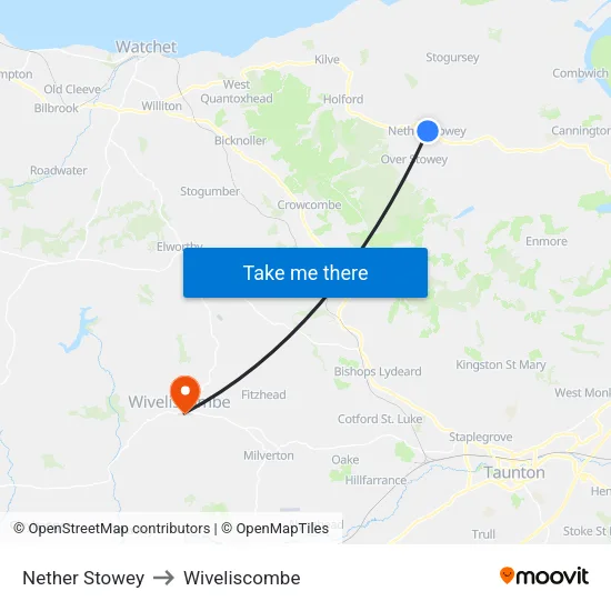 Nether Stowey to Wiveliscombe map
