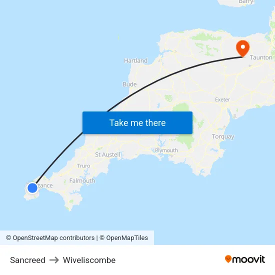 Sancreed to Wiveliscombe map