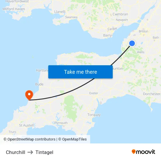 Churchill to Tintagel map