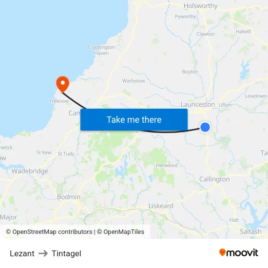 Lezant to Tintagel map