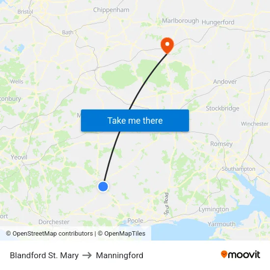 Blandford St. Mary to Manningford map