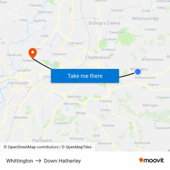 Whittington to Down Hatherley map