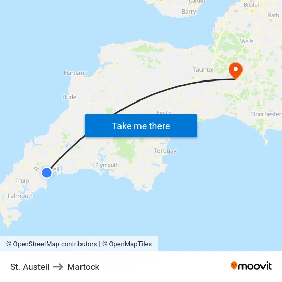 St. Austell to Martock map