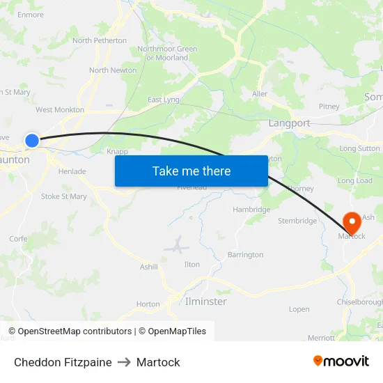 Cheddon Fitzpaine to Martock map