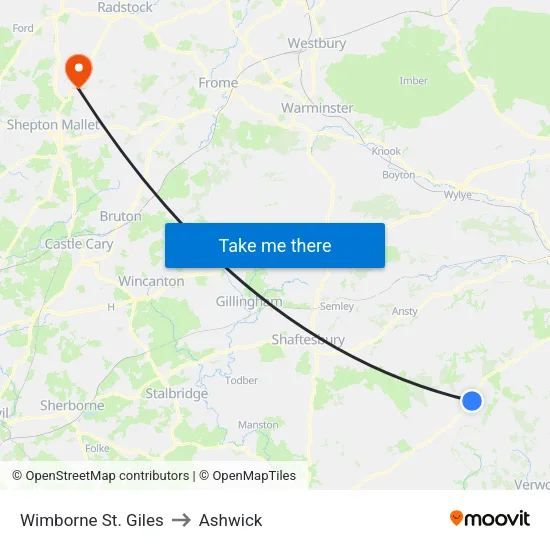 Wimborne St. Giles to Ashwick map