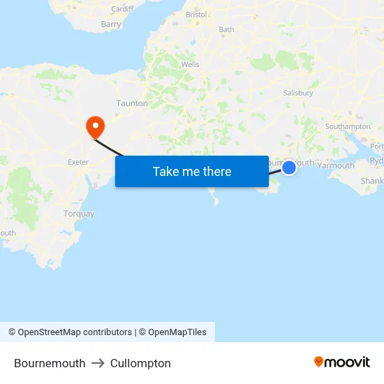 Bournemouth to Cullompton map