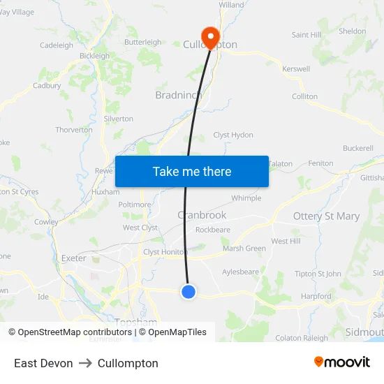 East Devon to Cullompton map