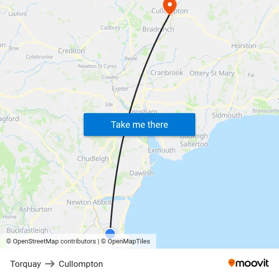 Torquay to Cullompton map