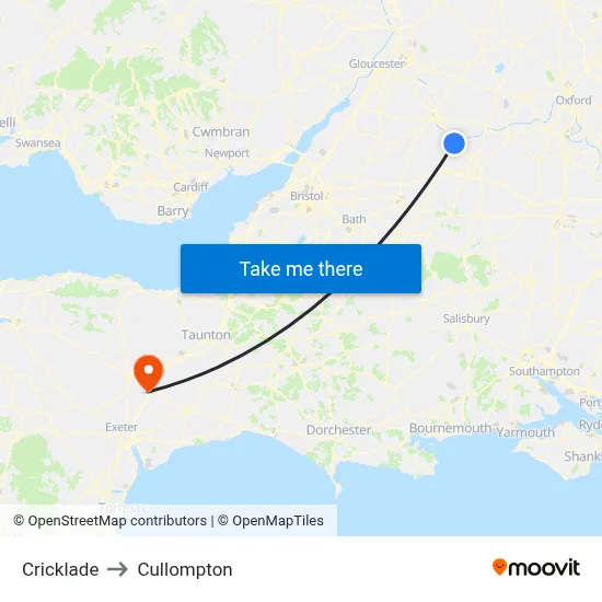Cricklade to Cullompton map