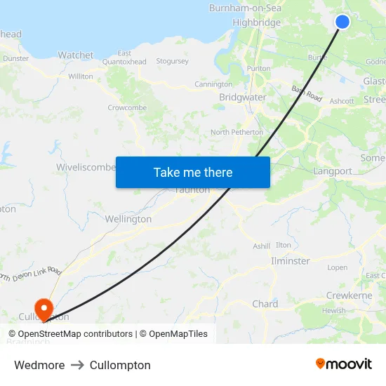 Wedmore to Cullompton map