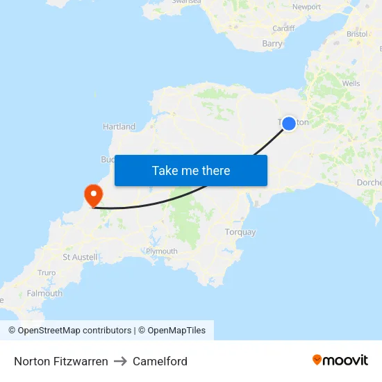 Norton Fitzwarren to Camelford map