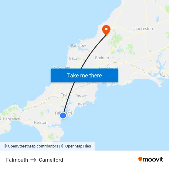 Falmouth to Camelford map