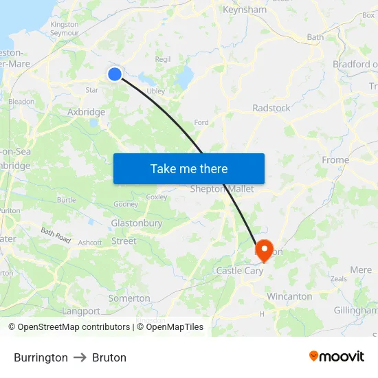 Burrington to Bruton map