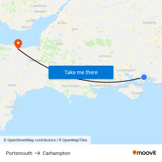 Portsmouth to Carhampton map