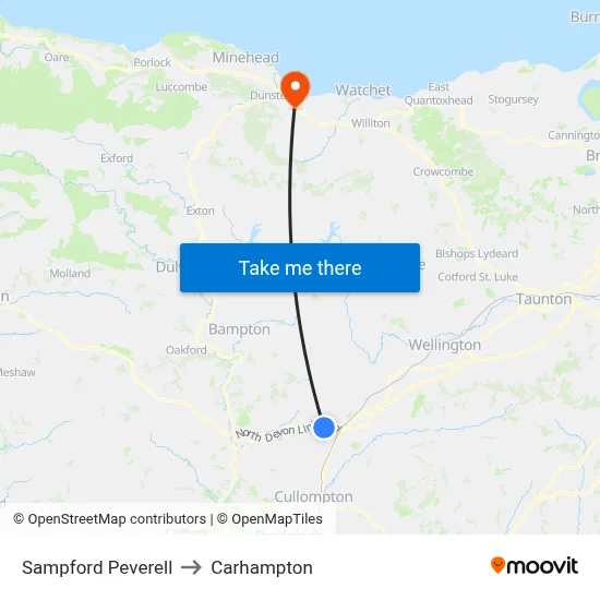 Sampford Peverell to Carhampton map