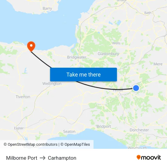 Milborne Port to Carhampton map