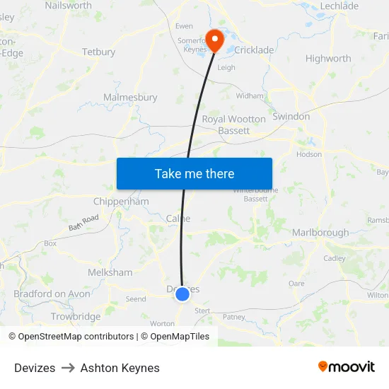 Devizes to Ashton Keynes map