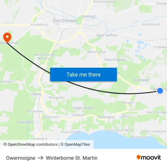 Owermoigne to Winterborne St. Martin map