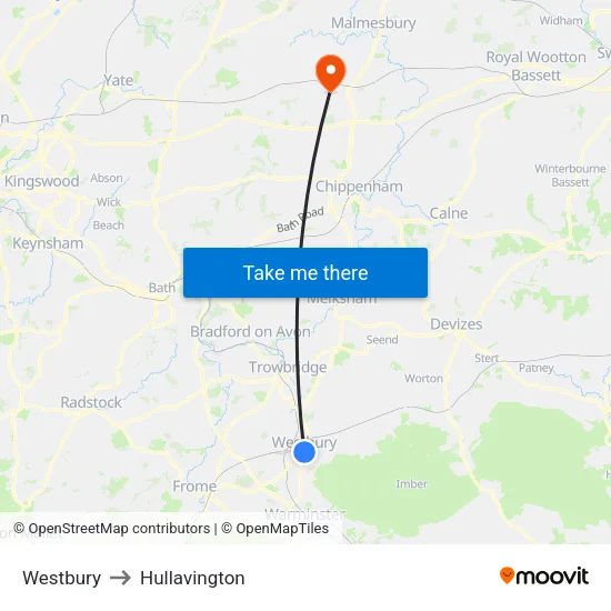Westbury to Hullavington map
