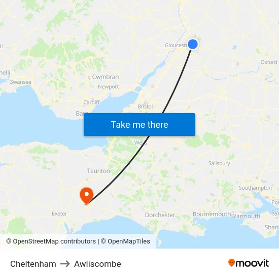 Cheltenham to Awliscombe map