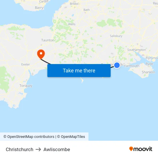 Christchurch to Awliscombe map