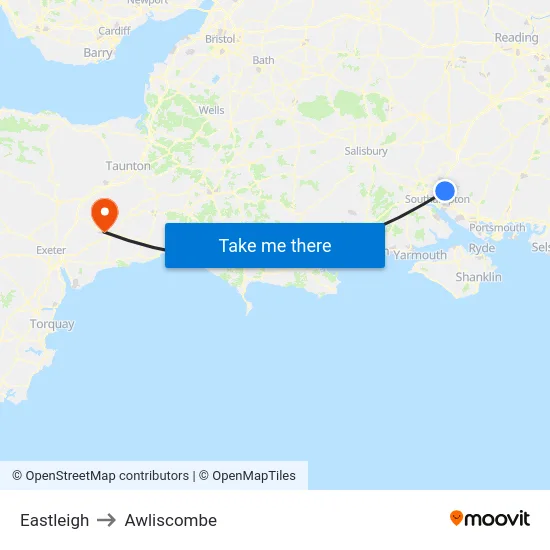 Eastleigh to Awliscombe map