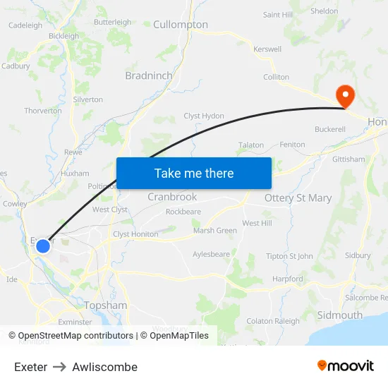 Exeter to Awliscombe map