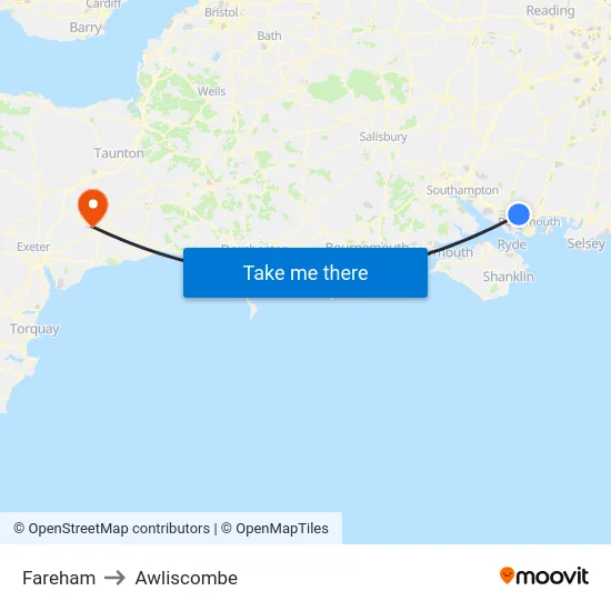 Fareham to Awliscombe map