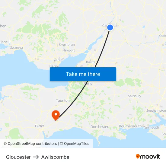 Gloucester to Awliscombe map