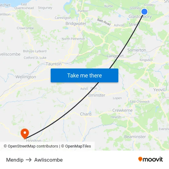 Mendip to Awliscombe map