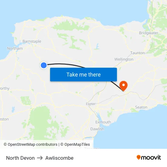 North Devon to Awliscombe map