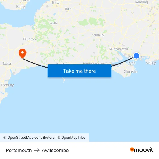 Portsmouth to Awliscombe map