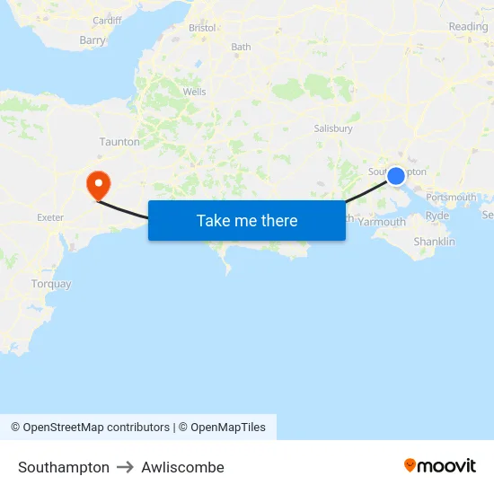 Southampton to Awliscombe map