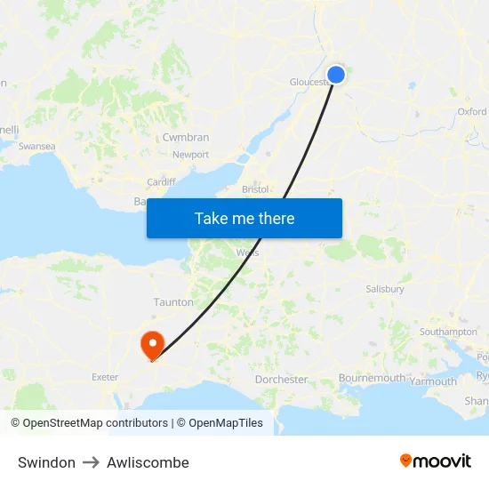 Swindon to Awliscombe map