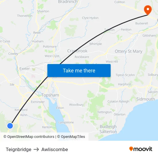Teignbridge to Awliscombe map