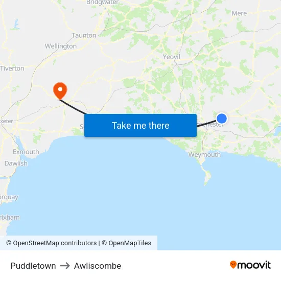 Puddletown to Awliscombe map