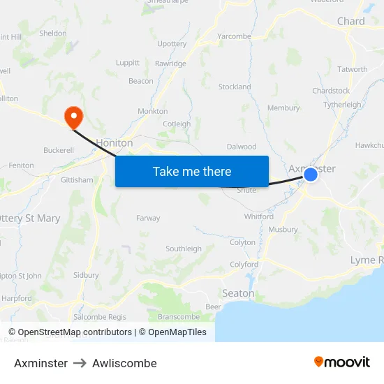 Axminster to Awliscombe map